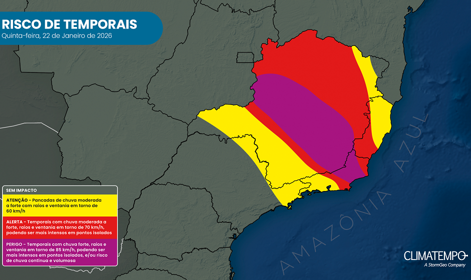 Risco de chuva forte no Sudeste para 21-1-2026