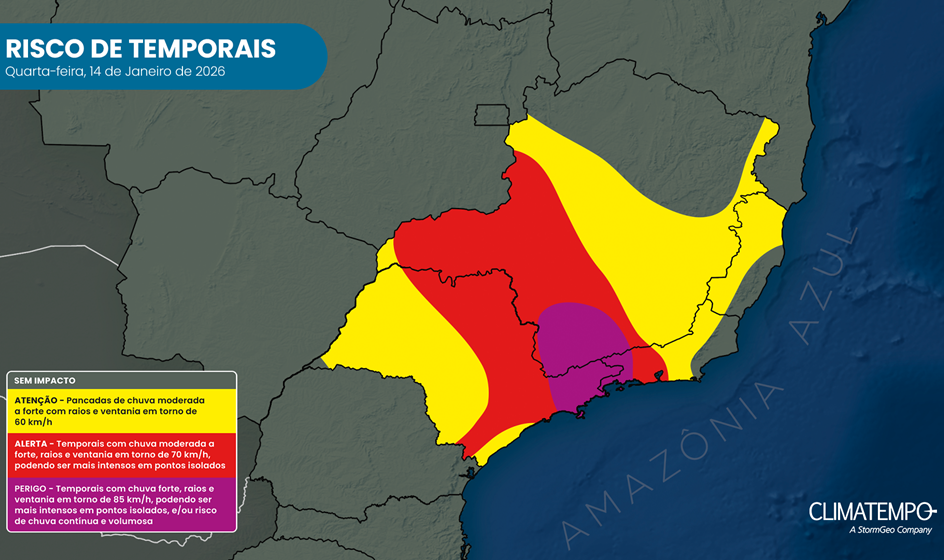 Risco de temporal na região Sudeste para 14/1/26