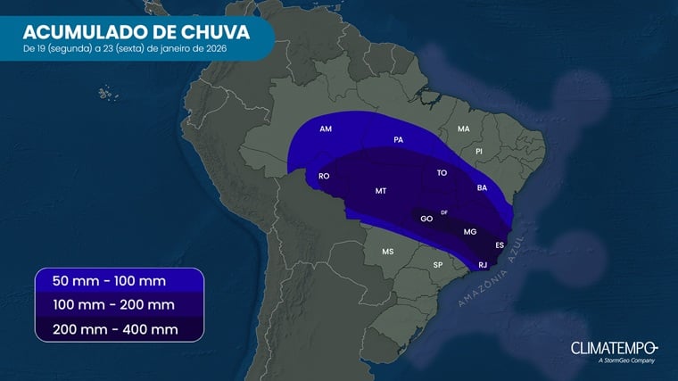 Volumes de chuva estimados entre 19 e 23 de janeiro de 2026, durante o segundo episódio de ZCAS sobre o Brasil.