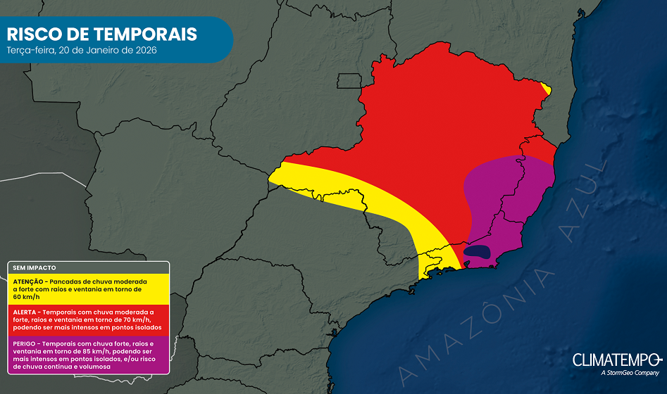 Mapa de risco de chuva forte e de temporal no Sudeste do Brasil para 20/1/26 