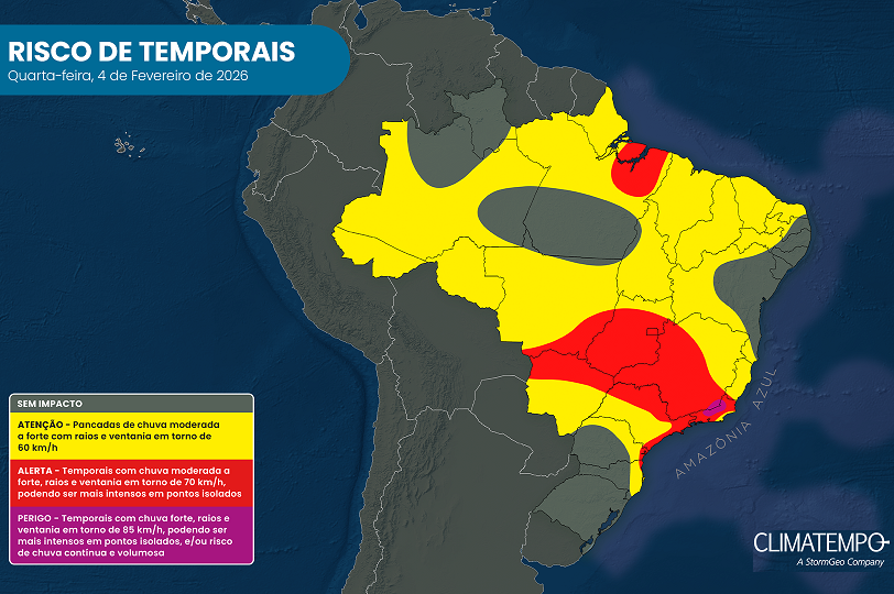 Risco de temporal no Brasil para 4/2/26 (Fonte: Climatempo)