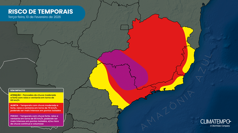 Risco de chuva forte e de temporal no Sudeste para 10/2/26 