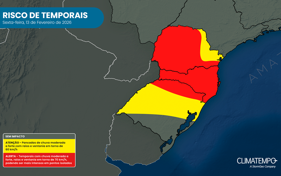 Risco de chuva forte e de temporal no Sul do Brasil para 13/2/26
