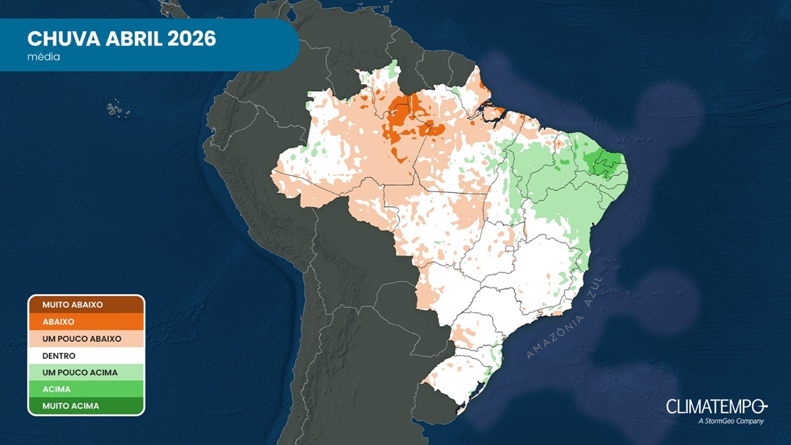 Anomalia da temperatura média prevista para o Brasil para abril de 2026: tons azul indicam volume de chuva acima da média; tons de marrom indicam chuva abaixo da média; o branco representa volume de chuva próximo da média