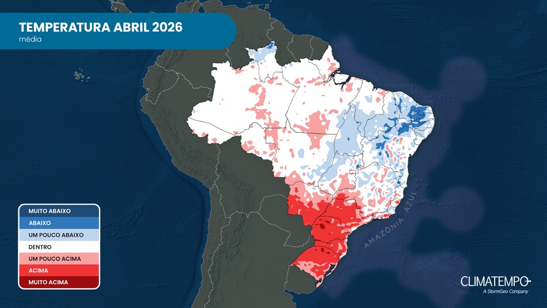 Anomalia da temperatura média prevista para o Brasil para abril de 2026: tons de vermelho indicam temperatura acima da média; tons de azuis indicam temperatura abaixo da média; o branco representa temperatura próxima da média