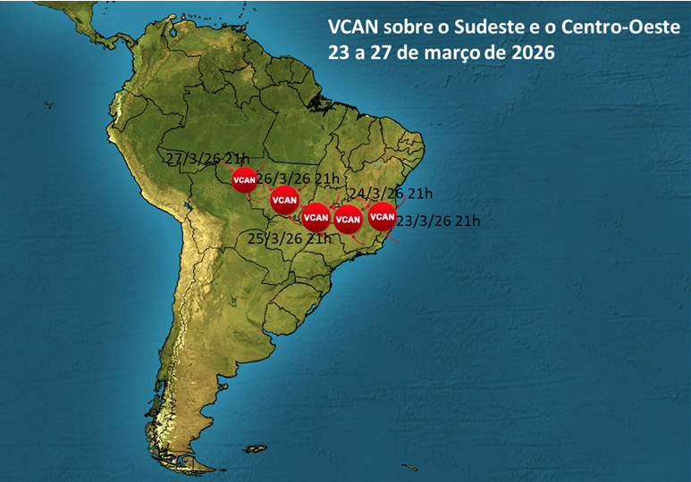 Deslocamento de um VCAN (Vórtice Ciclônico em Altos Níveis) sobre o SE e CO do Brasil, entre 23 e 27 de março de 2026 