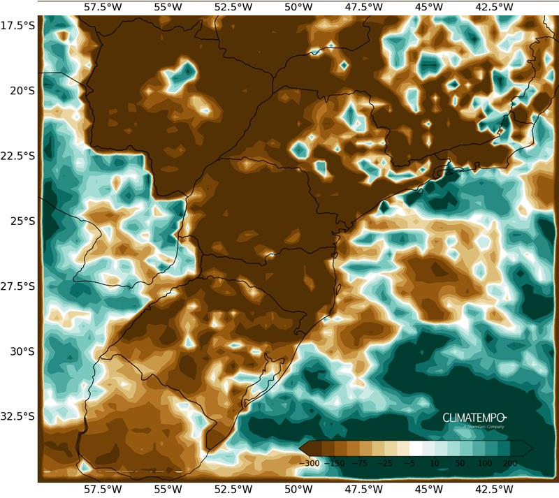 Anomalia de precipitação  no Sul do Brasil no verão 2025/2026, entre 17/12/2025 a 16/3/2026