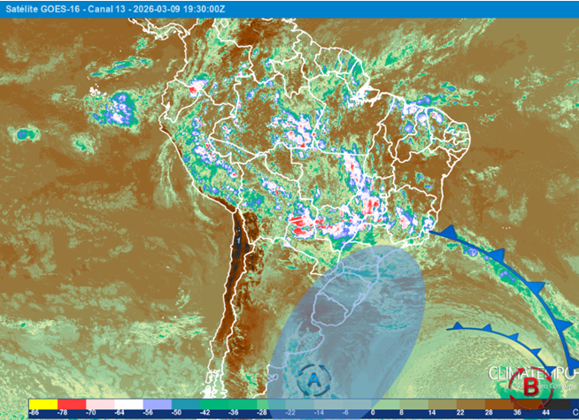 Imagem da nebulosidade sobre a América do Sul captada pelo satélite GOES 16,às 16h30 de 9/3/26