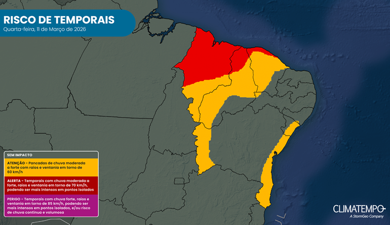 Risco de chuva forte no Nordeste para 11/3/26