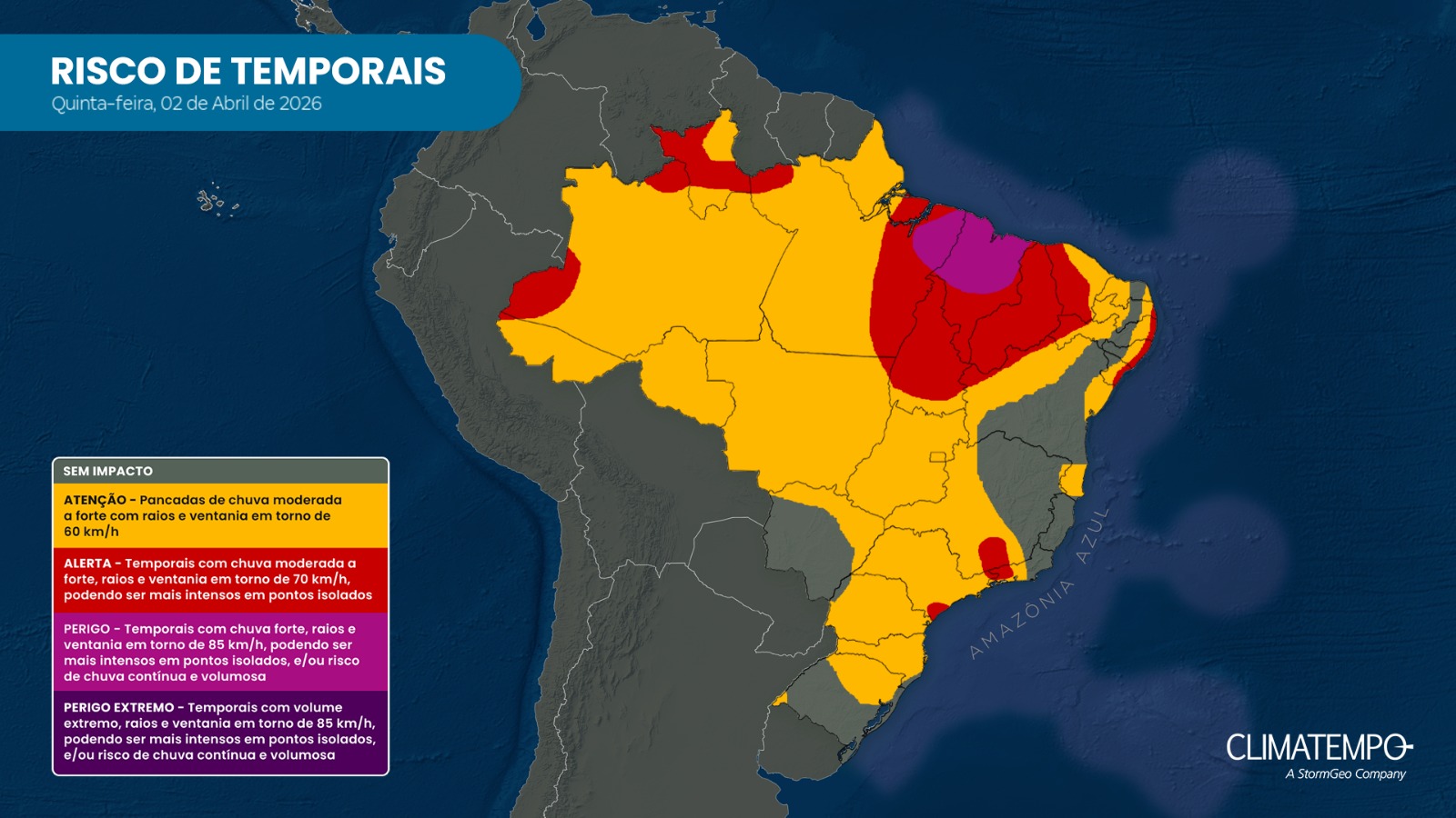 Temporais fortes e recorrentes atingirão as regiões Norte e Nordeste nos próximos dias