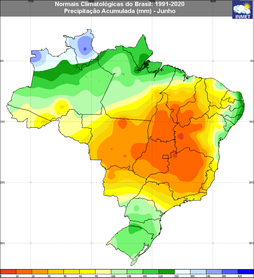 Climatologia de precipitação no Brasil para o mês de junho (Fonte: INMET)
