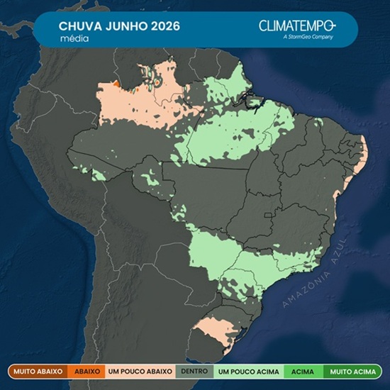 Previsão da Climatempo da anomalia da precipitação média no Brasil para junho de 2026