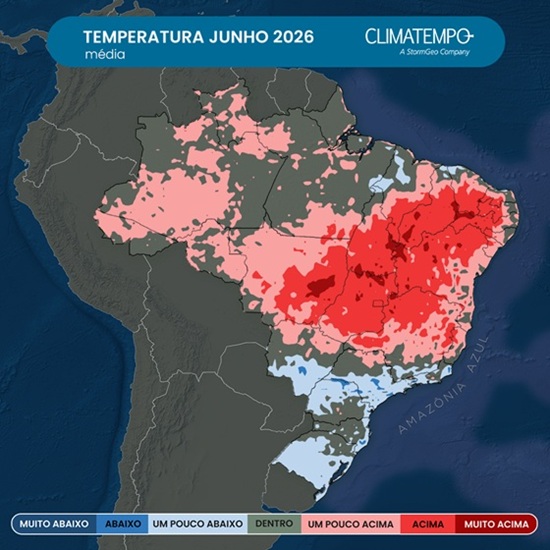 Previsão da Climatempo da anomalia da temperatura média no Brasil para junho de 2026