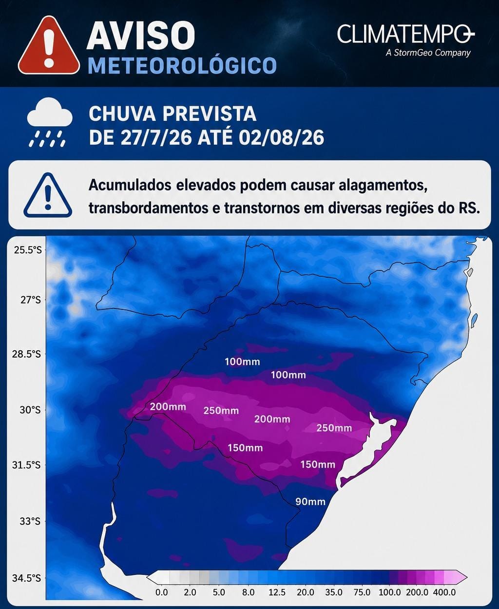 Chuva volumosa prevista para o RS de 27-7-26 a 2-8-26 (Fonte: Climatempo)