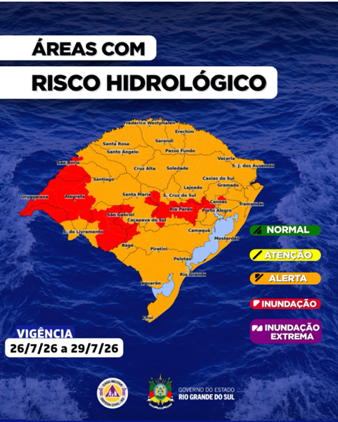 Risco de enchente no RS entre 26 e 29 de julho de 2026: previsão de inundação nas áreas em vermelho (Fonte: Defesa Civil do RS)