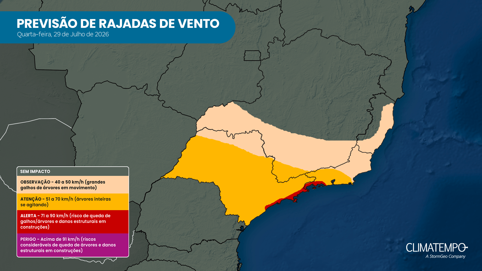 Litoral de SP pode registrar ventos de até 100 km/h nesta quarta (29/07)