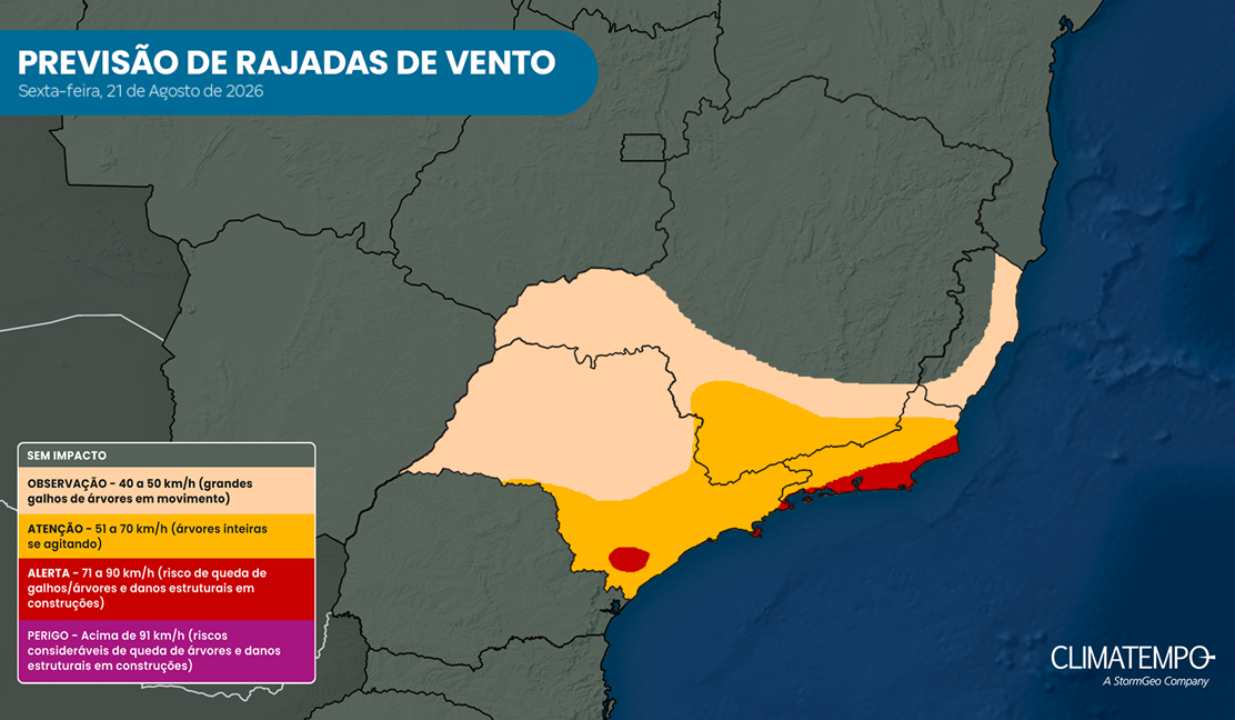 Sudeste pode ter vento forte nesta sexta com passagem de frente fria