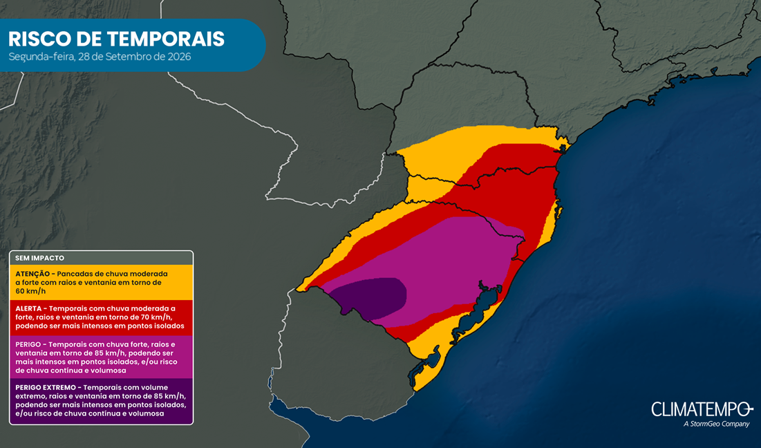 Tempestades se espalham sobre o Sul do Brasil nesta segunda-feira