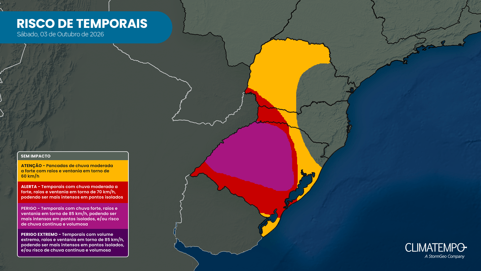 Mapa de risco de temporais na Região Sul para sábado (03/10).